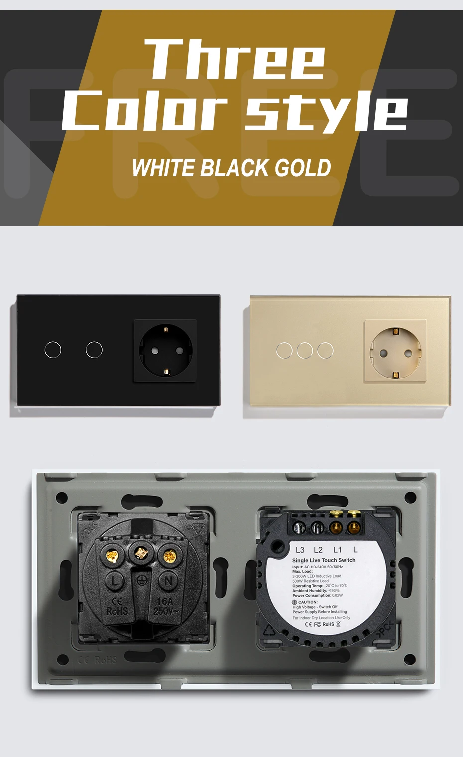 BSEED Touch Light Switch With EU Wall Socket White Black Golden Home Wall Switches 1/2/3Gang 1Way Crystal Glass Panel Backlight