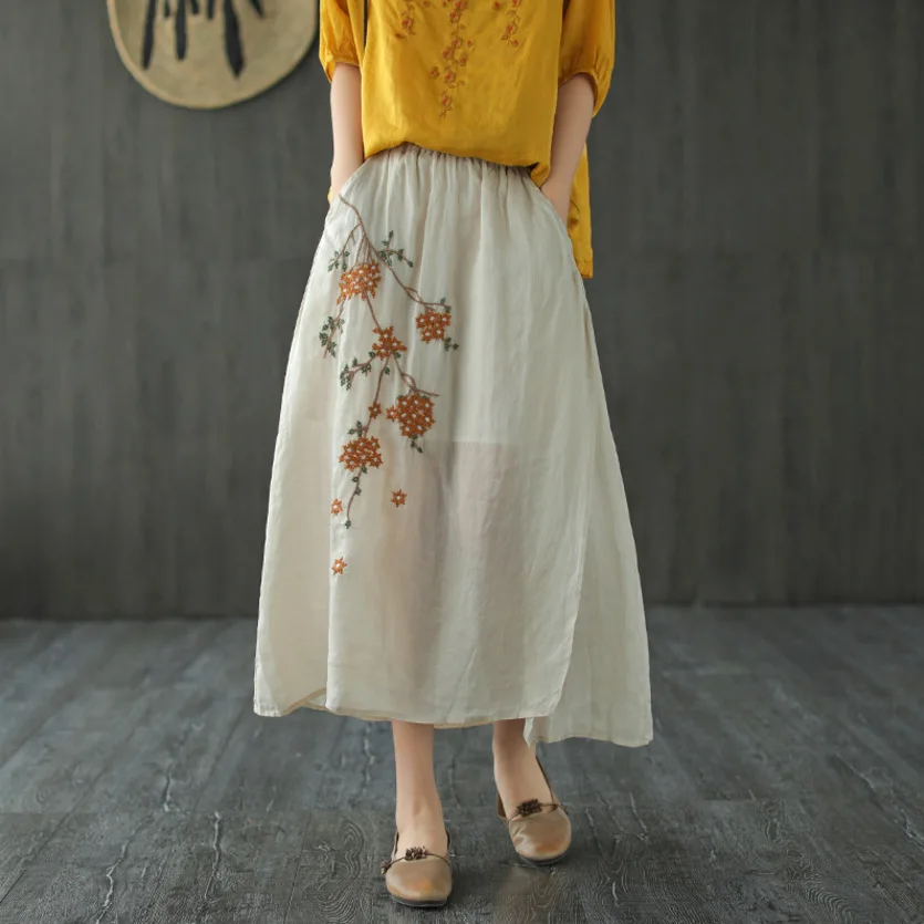 Women Loose Elastic Waist Solid Color Embroidered Skirts Ladies Vintage Ramie Female 2020 Summer Skirt | Женская одежда