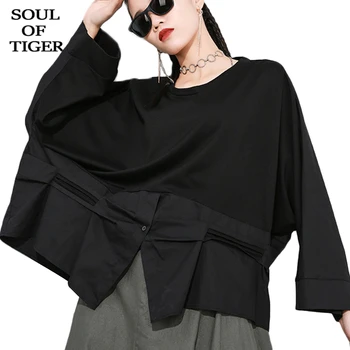 

SOUL OF TIGER 2020 Spring Korean Fashion Ladies Streetwear Womens Casual Loose Kawaii T Shirts Patchwork Long Sleeve Tee Shirts