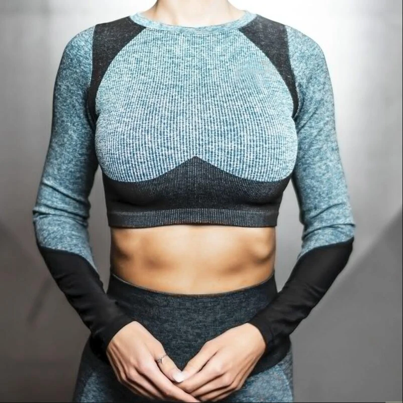 Новейший женский бесшовный комплект для йоги из 2 предметов, топы с длинными рукавами, леггинсы с высокой талией, одежда для фитнеса и спортзала, облегающие для тренировок штаны