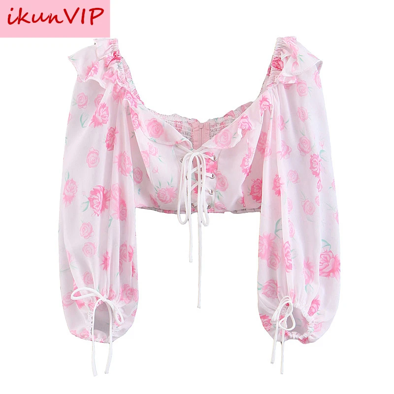 

ZA women elegant floral chiffon crop top O neck elastic back short sleeve pleated short blouse vintage sexy tops