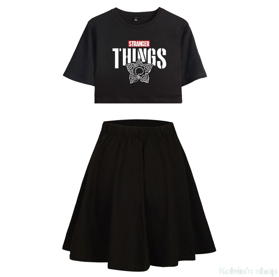 

Stranger Things 2D Printed tshirt Women New Style Crop Top and Skirt Set 2020 Fashion Cute Sweet Skirt For Girls Two piece set