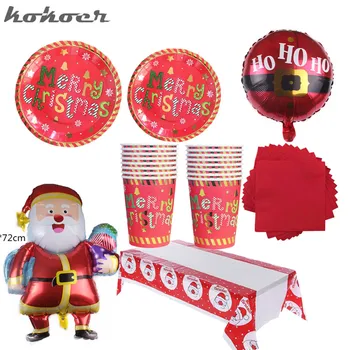 

2021 Merry Christmas Party Tableware Set Santa Claus Paper Plates Cups Napkins Tableware New Year Party Christmas Decorations