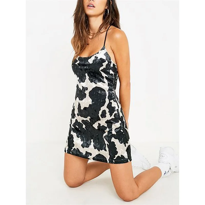 BiBi Cow Print Elastic Shoulder Strap Dress