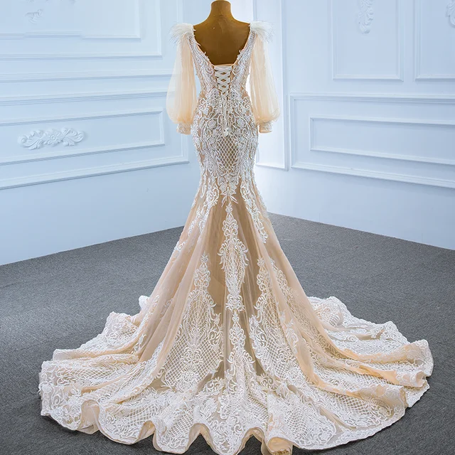 J67209 Jancember New Mermaid Wedding Dress 2020 Custom Design Dress Pearls V-Neck Long Lantern Sleeve Applique 2