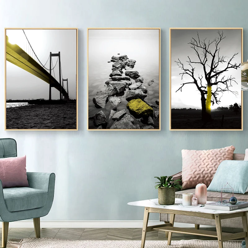 

Bridge Tree Scenery Yellow Retro Picture Home Decor Print Poster Nordic Canvas Painting Living Room Bedroom Wall Art Painting