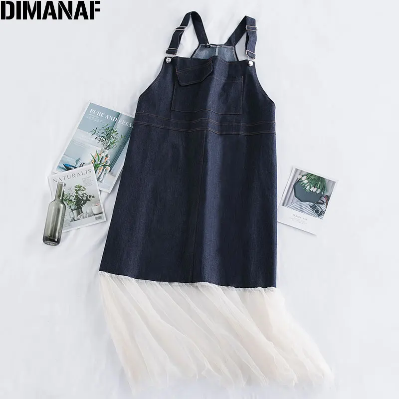 

DIMANAF Summer Oversize Women Dress Denim Spliced Lady Vestidos Sleeveless Casual Loose Plus Size Female Clothing 2020 Sundress