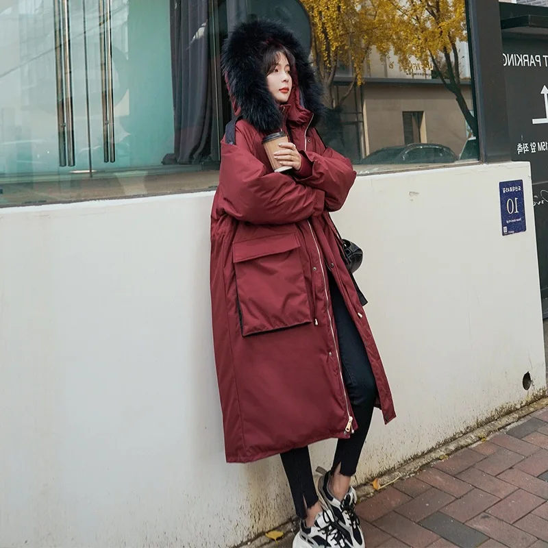

Photo Shoot Main Push CHIC Bordeaux Long Hooded Large Fur Collar Drawstring Waist Hugging Laziness-Style Workwear Cotton Coat Co
