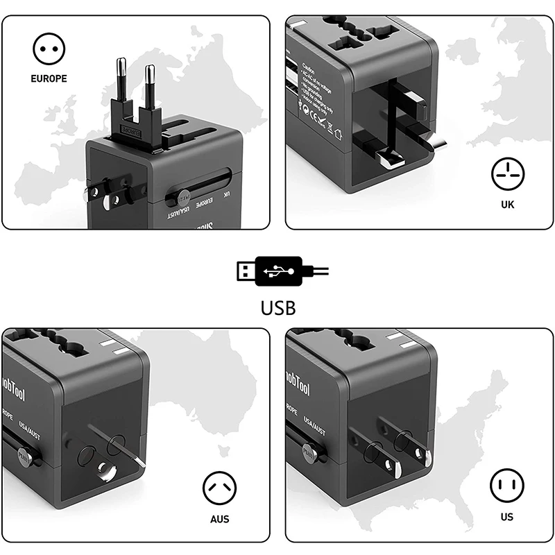 Адаптер для путешествий, 2 порта usb, преобразователь переменного тока, универсальное зарядное устройство для США, ЕС, Великобритании, Австралии