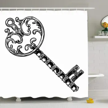

Shower Curtain Set with Hooks 72x72 Steel Secret Drawing Hand Decoration Drawn Safe Antique Key Sketch Unlocking Style Retro
