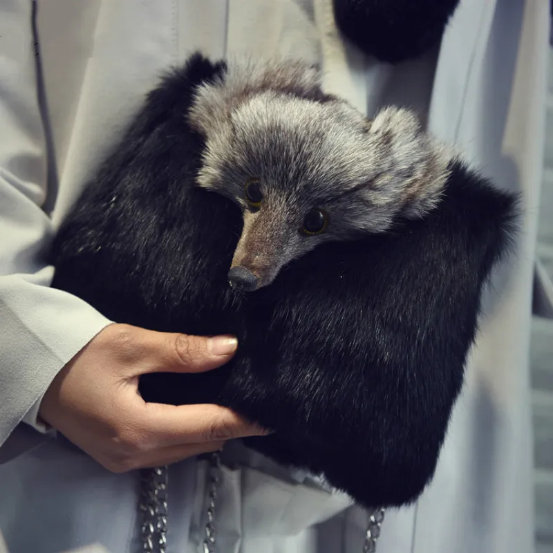 

New Women Bag Autumn and Winter Plush Shoulder Bags Small Square Bag Fox Clucth Rabbit Fur Crossbody Bags for Ladies Clutch Bags