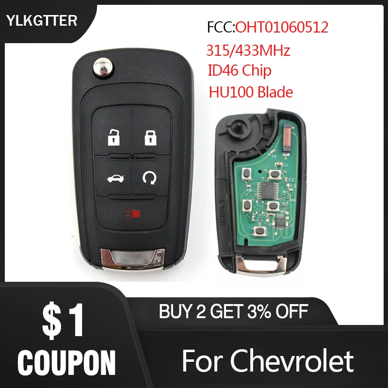 

YLKGTTER 5 Button Control Alarm Fob Remote Key For Chevrolet Aveo Cruze Malibu Sail Spark 2010-2016 with 315/433MHz ID46 Chip