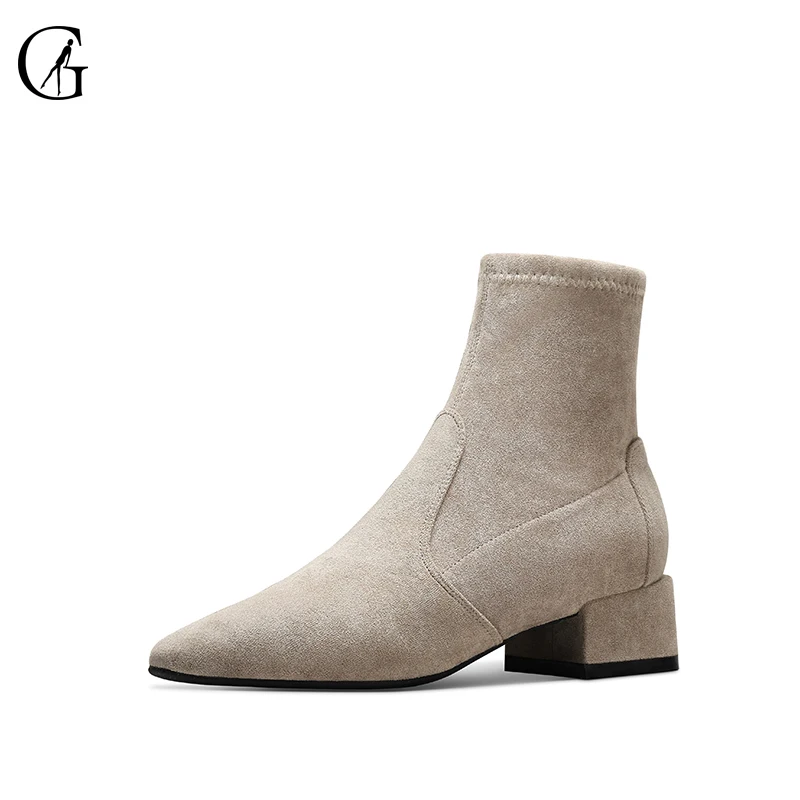 

GOXEOU Women's Ankle Sock Boots Splice Square Toe Chunky Heel Fashion Suede Autumn Winter Stretch Short Booties Size 34-40