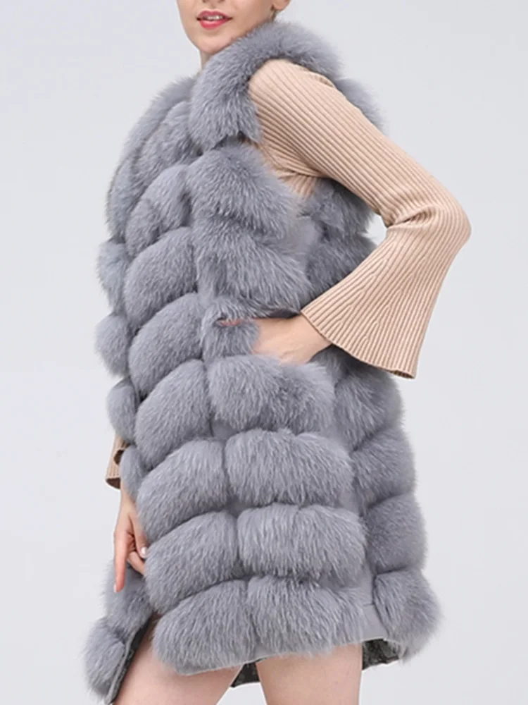 Натуральный Лисий мех жилет натуральный мех пальто для куртки женские пальто жилет длинные меховые пальто натуральный мех пальто лисий жилет куртка - Цвет: Светло-серый