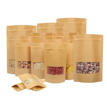 

50 Pcs Kraft Food Bag Reusable Zip Lock Sealing Bags Food Storage With Notch Matte Transparent Window Pouches