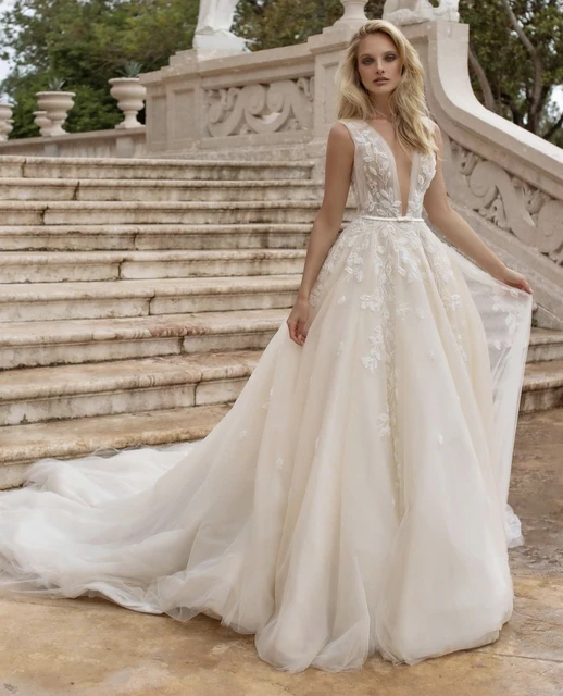 Vestidos elegantes de novia sem costas vestidos de casamento 2021 a linha  com decote em v tule appliqued barato vestido de noiva para noiva robe de  mariée - AliExpress