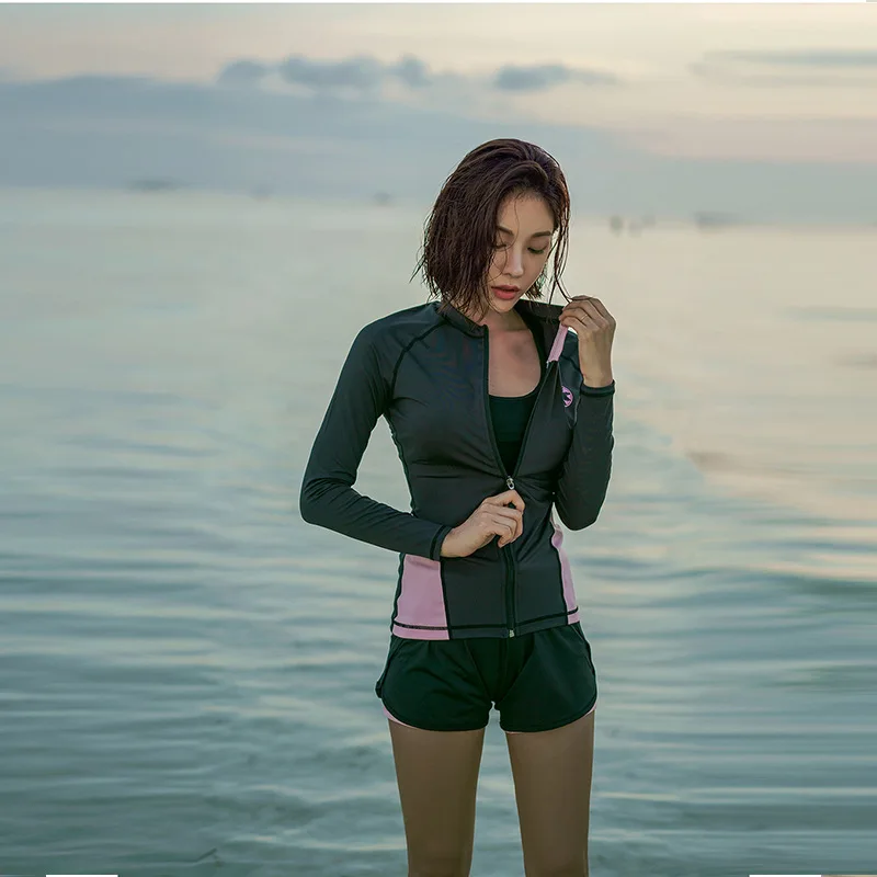 

New Style Long Sleeve Split Type Boxers Bathing Suit Women's Slimming Belly Covering Conservative Small Bust Sports Large Size S