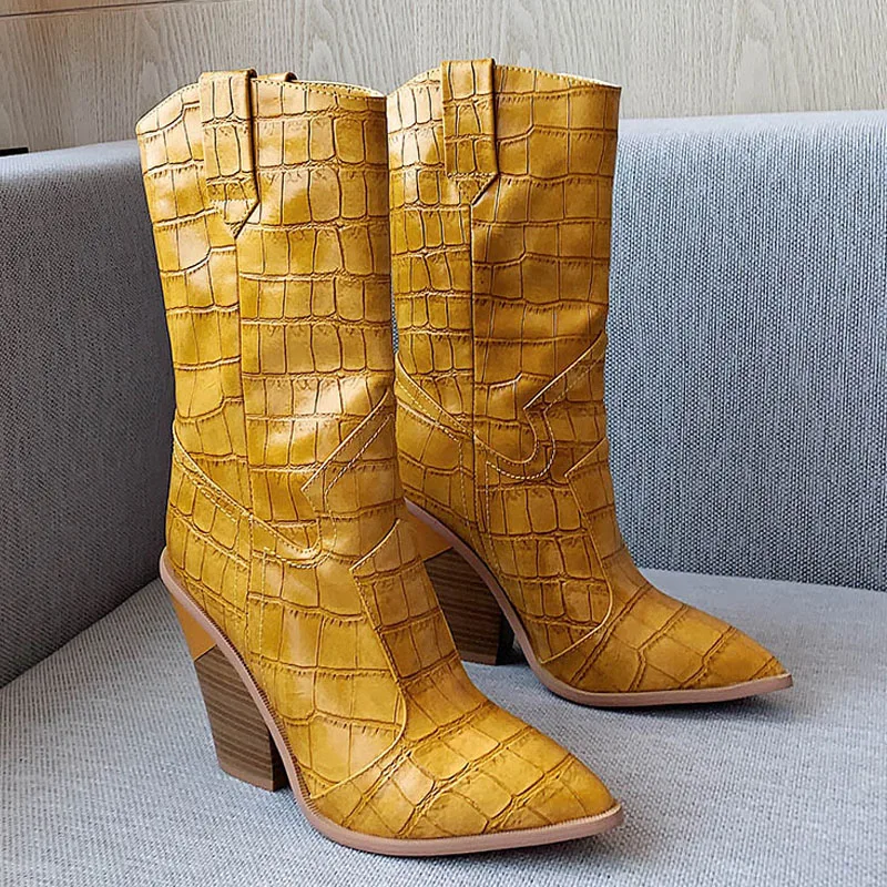 PhoentinYellowCowboybootsmidcalfchunkywedgesbootsforWomen