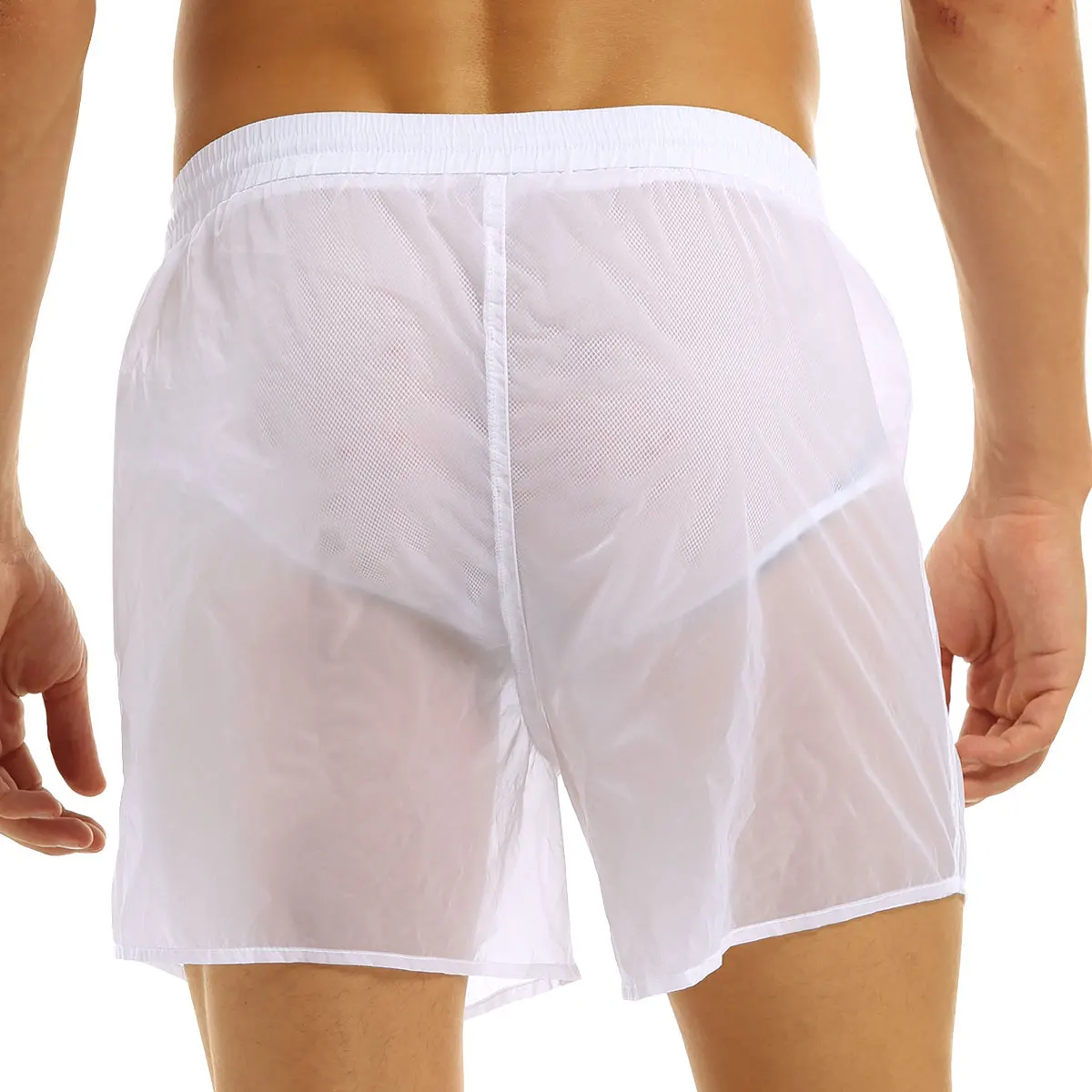 Adult Mens See-Through Shorts Elastic Waist Pure Color Drawstring Quick Dry Beach Shorts Swim Trunks with Bulit-in Mesh Briefs 3