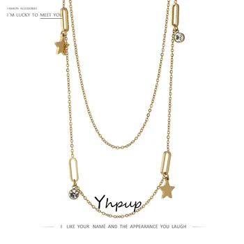 

Yhpup Trendy Multi-layer Star CZ Chain Necklace Stylish Gold Stainless Steel Collares Delicate Cubic Zirconia Jewelry Necklace