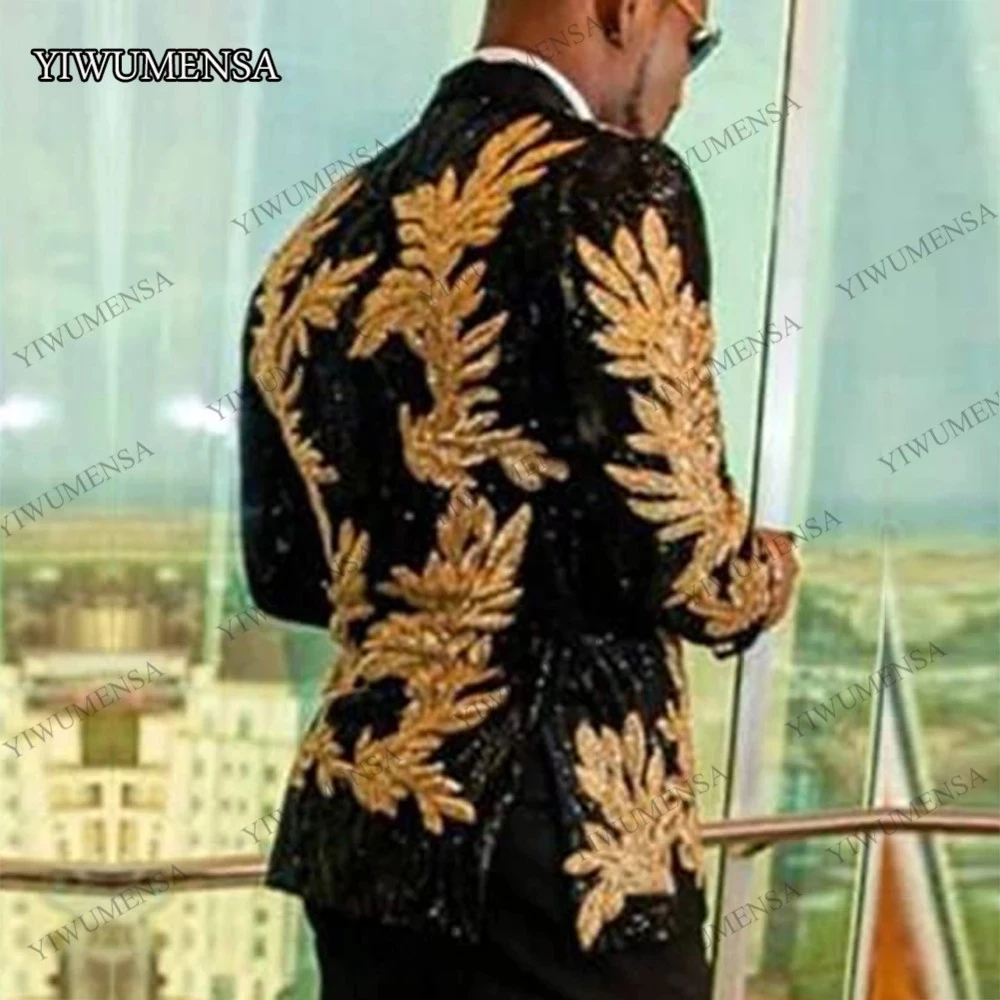 Luxury Men's Suits Formal Wedding Tuxedo Groom Wear Black Sparkly Sequins Blazer Pants 2 Pieces Prom Party Gold Appliques Coat