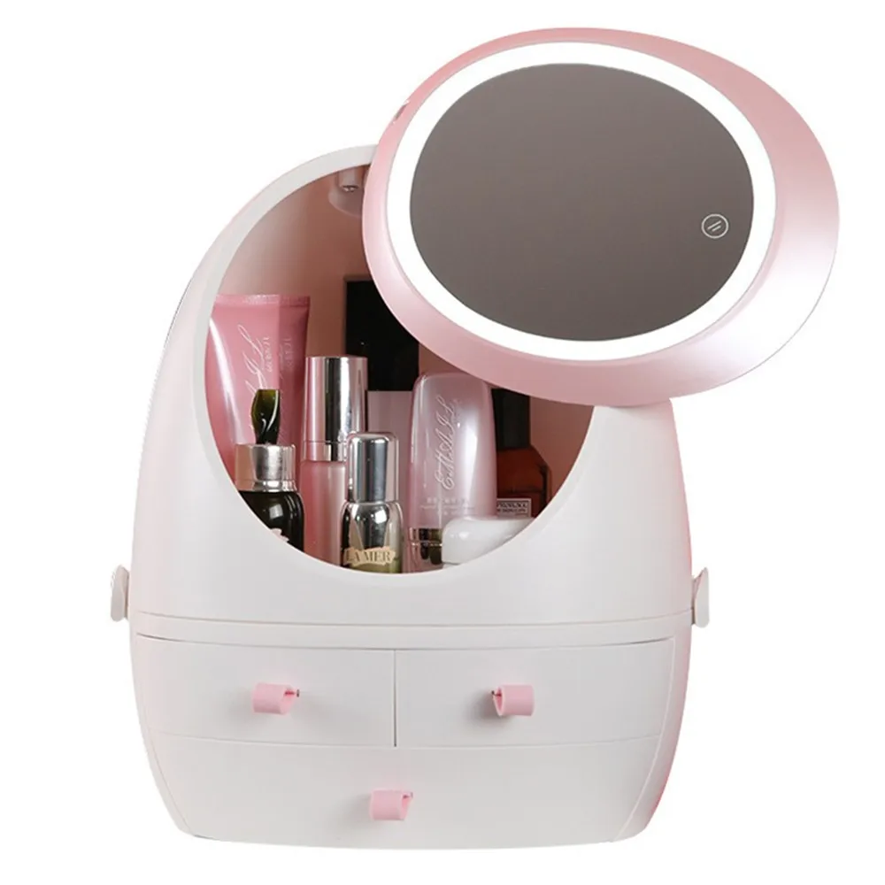 Household dust proof cosmetic case bags charging LED dimming lights spin makeup mirror storage box desktop dressing table shelf