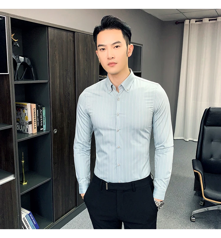 Camisa De Hombre Elegante полосатая белая рубашка с длинными рукавами Мужская офисная рубашка рубашки соцовый бизнес мужские рабочие рубашки черное качество