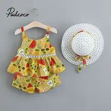 Pudcoco/комплект из 3 предметов для новорожденных и маленьких девочек, свободные топы без рукавов с цветочным принтом+ шорты+ соломенная шляпа, детская одежда