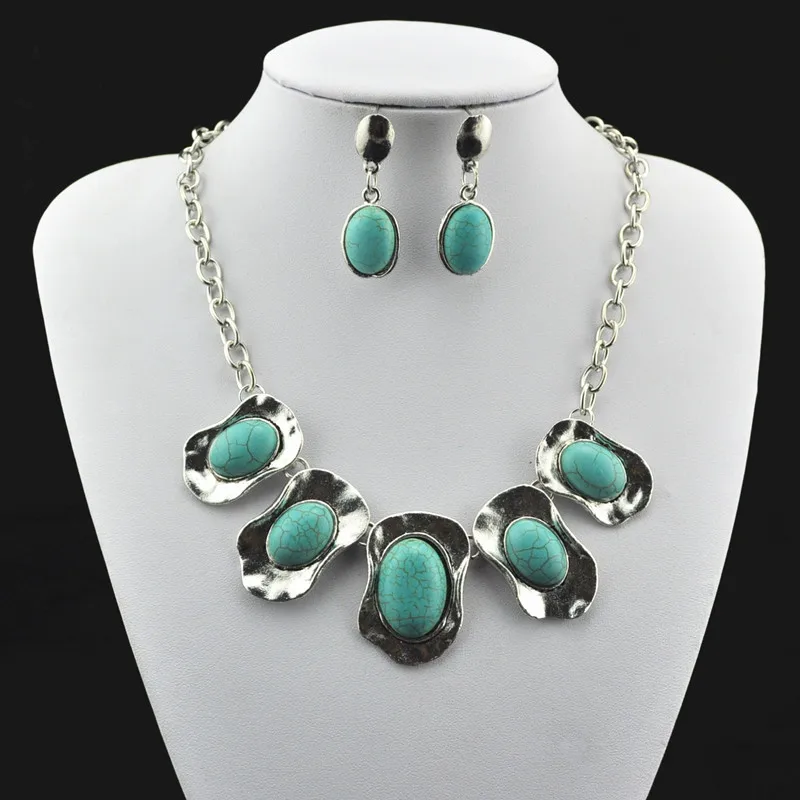 

S271 Natural Oval Necklace Pendant & Earring, Jewlery Set,Women Gift,Vintage Look,Tibet Alloy