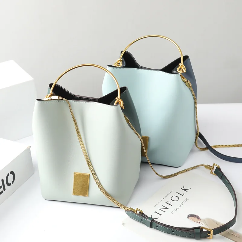 

New Style Elegant Retro Leather Bag Non-mainstream Design Summer Mixed Colors Metal Hand Cross-body Cowhide Chain Bucket Bag