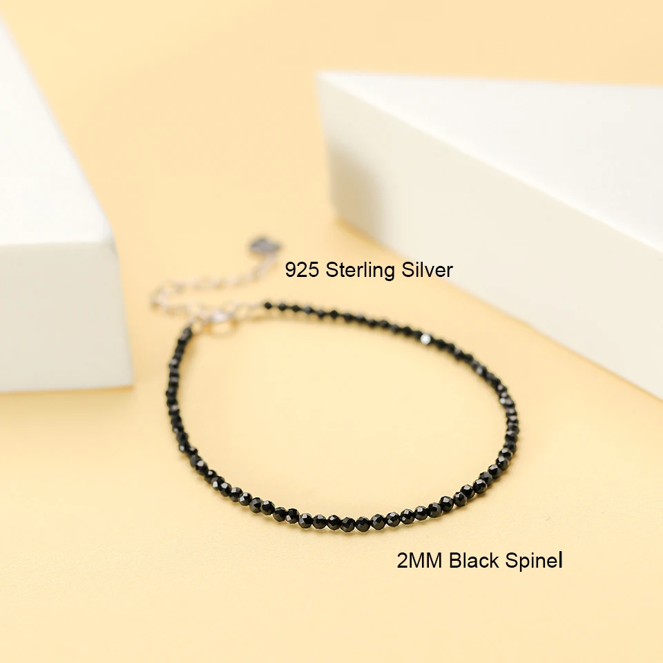 Stone Bead Bracelet Natural Stone Beads Bracelet on Hand Chain 2MM with 925 Sterling Silver Bangle For Women