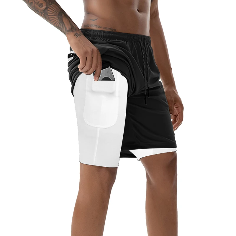 Мужские модные шорты 2 в 1, новинка, обтягивающие спортивные многофункциональные спортивные шорты для фитнеса, спортзала, бега, спортивные шорты со встроенными карманами на бедрах