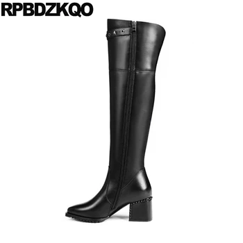 

black pointed toe stud custom studded shoes high heel metal big size chunky 10 long luxury knee women boots winter 2019 rivet