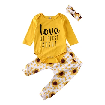 

Newborn Baby Girl Clothes Set 2019 Fall Long Sleeve Yellow Bodysuit Tops Flower Pants Headband Clothing Outfit 0-18M 3PCS