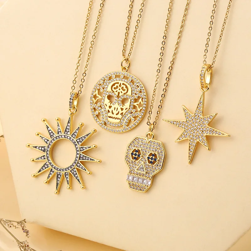 Punk Stainless Steel Chain Copper Zircon Skull Sun Six-pointed Star Pendant Necklace For Women Man Street Hip Hop Jewelry | Украшения и