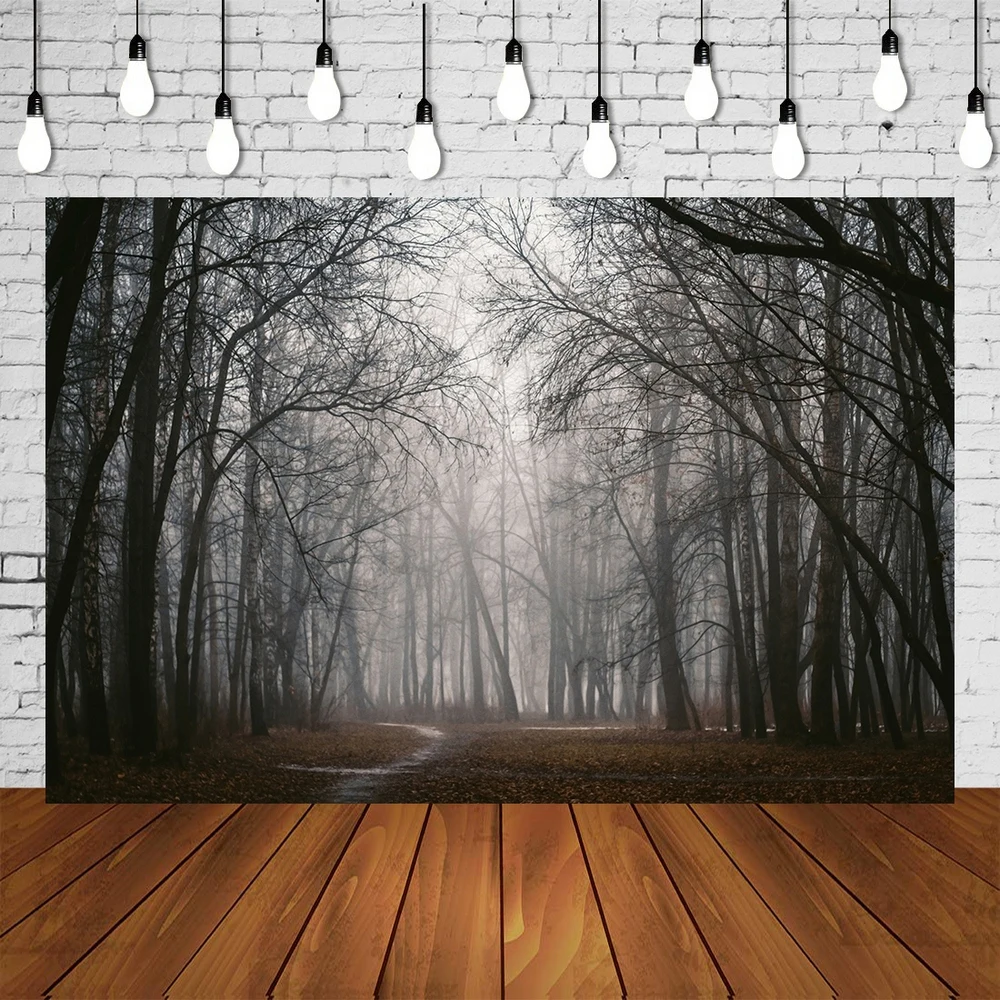 

Trees in forest grove Mysterious gloomy winter road fog haze landscape banner game livestream Background photo studio posters
