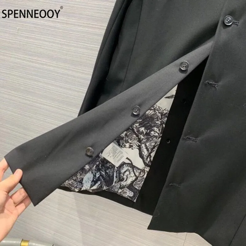 SPENNEOOY Designer Brand Autumn Forest Animal Lining Print Double breasted Fashion Office Lady Black Blazer Outwear Women Coat