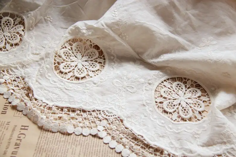 

Off White Cotton Lace Fabric With Circle Flower Pattern By Yard