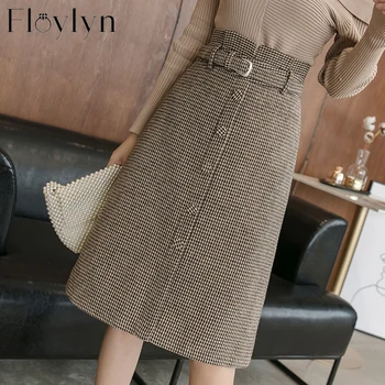 

Floylyn Winter Woolen Plaid Women Skirts 2020 High Waist Sashes Single-breasted Skirts Female Vintage Thick Skirts femme faldas