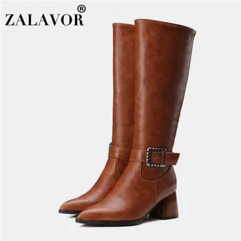 

ZALAVOR Plus Size 32-48 Knee High Boots For Women Side Zipper Buckle Thick Heels Shoes Sexy Pointed Toe Boots Women Footwear