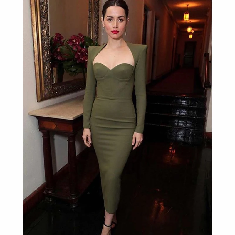 2021 New Spring Women\'s Long-Sleeved Bandage Dress Sexy V-neck Slim Dress Pacthwork Celebrity Night Show Bodycon Party Vestido