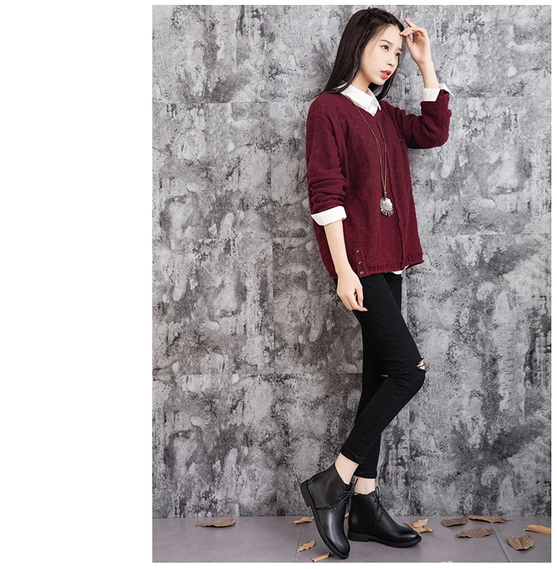 Female Genuine Cow Leather Woman Lace-up Ankle Black Boots Coffee Rubber Low Heels Height Zipper Riding Normal Size 35-40
