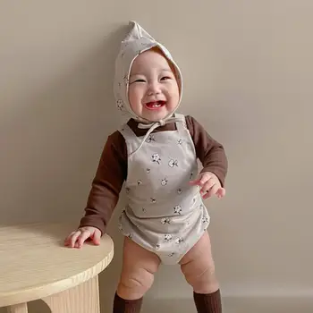 

Autumn New Cotton Sleeveless Baby Bodysuit Baby Boy Overalls Cute Floral Toddler Girls Jumpsuit With Hat Baby Clothing Outfits