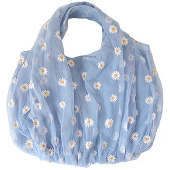 

Women Small Transparent Tote Mesh Cloth Bag Daisy Embroidery Handbag Eco Fruit Bag Purse for Girls Color: Blue