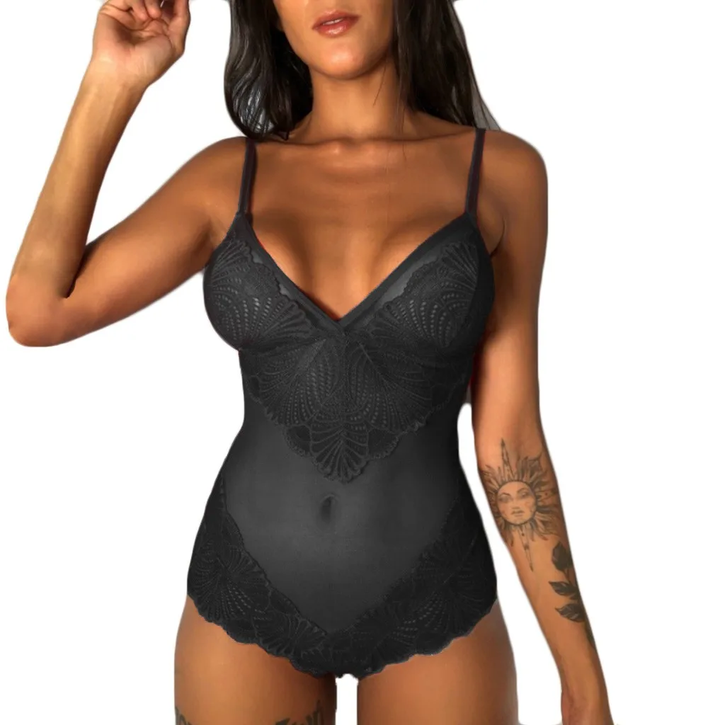 New One Piece Sexy Bodysuits Women Mesh Lace V-Neck Teddy Lingerie Jumpsuit Underwear Bodysuits Seamless Teddies Lingerie