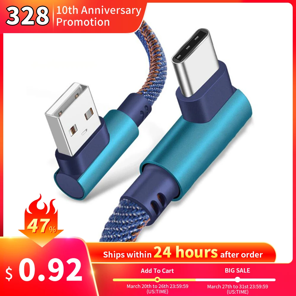 

USB Type C Cable 90 Degree Fast Charging Cable For Huawei P10 P20 P30 Pro Lite For Samsung Redmi Note 7 Type-C Charger Data Line