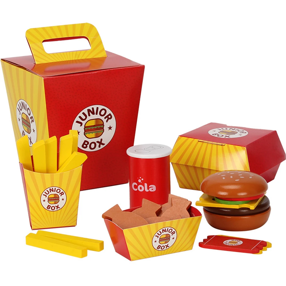 

Children Pretend Play Food Toy Wooden Fast Food Burger Fries Food Toy Set Fast Food Deluxe Dinner set