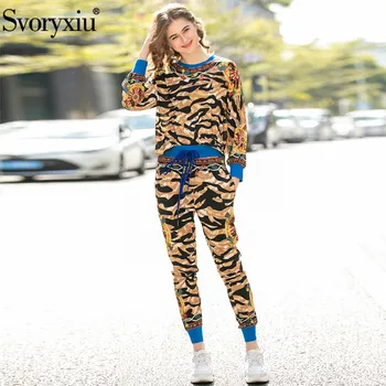 

Svoryxiu Runway Designer Fashion Leopard Pants Suit Women's Drawstring Waistline Motion Two-piece Women