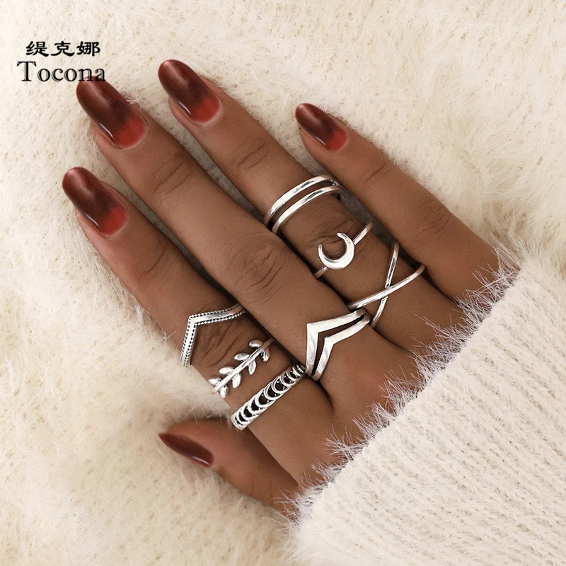 Tocona 7 unids/set Vintage Color de plata antiguo anillo con forma de Luna conjuntos de Cruz bohemio geométrico de la joyería para las mujeres los hombres venta al por mayor 9893