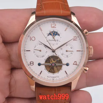 

PARNIS 43 mm white dial Rose gold case 24-Hour sautomatic men watches calendar date brown leather strap men's mechanical watches